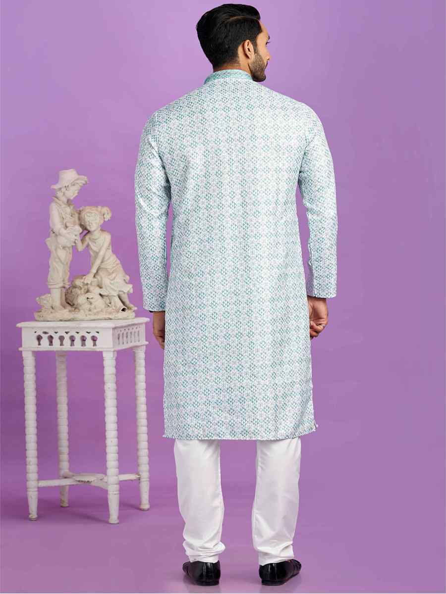 Teal Green Cotton Printed Festival Casual Kurta
