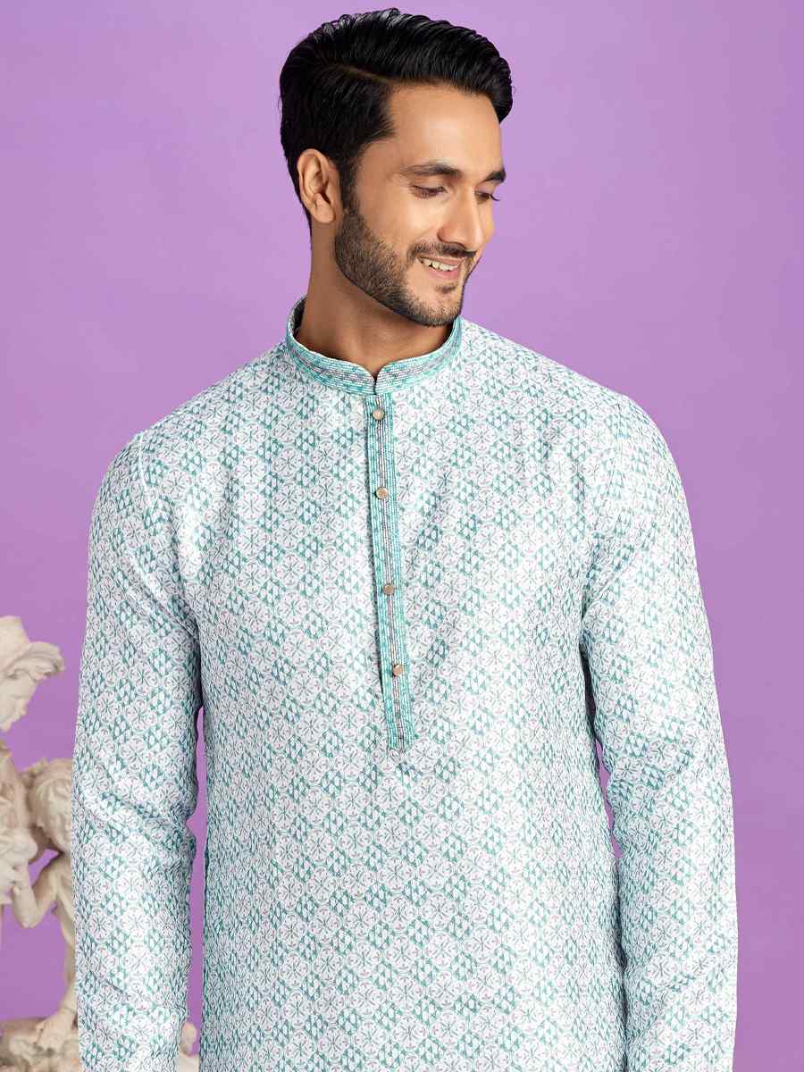 Teal Green Cotton Printed Festival Casual Kurta