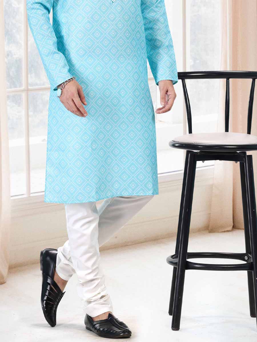 Teal Green Cotton Printed Festival Mehendi Kurta