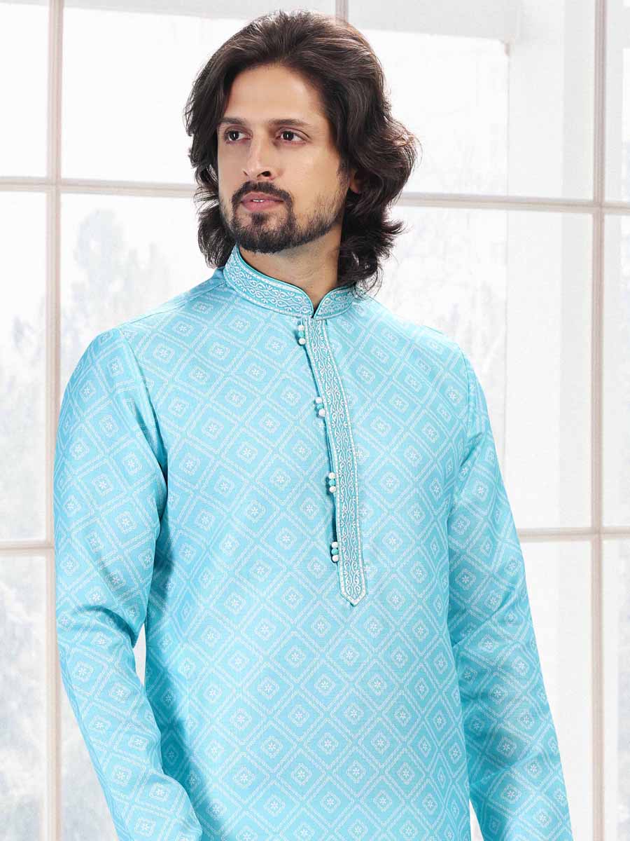 Teal Green Cotton Printed Festival Mehendi Kurta