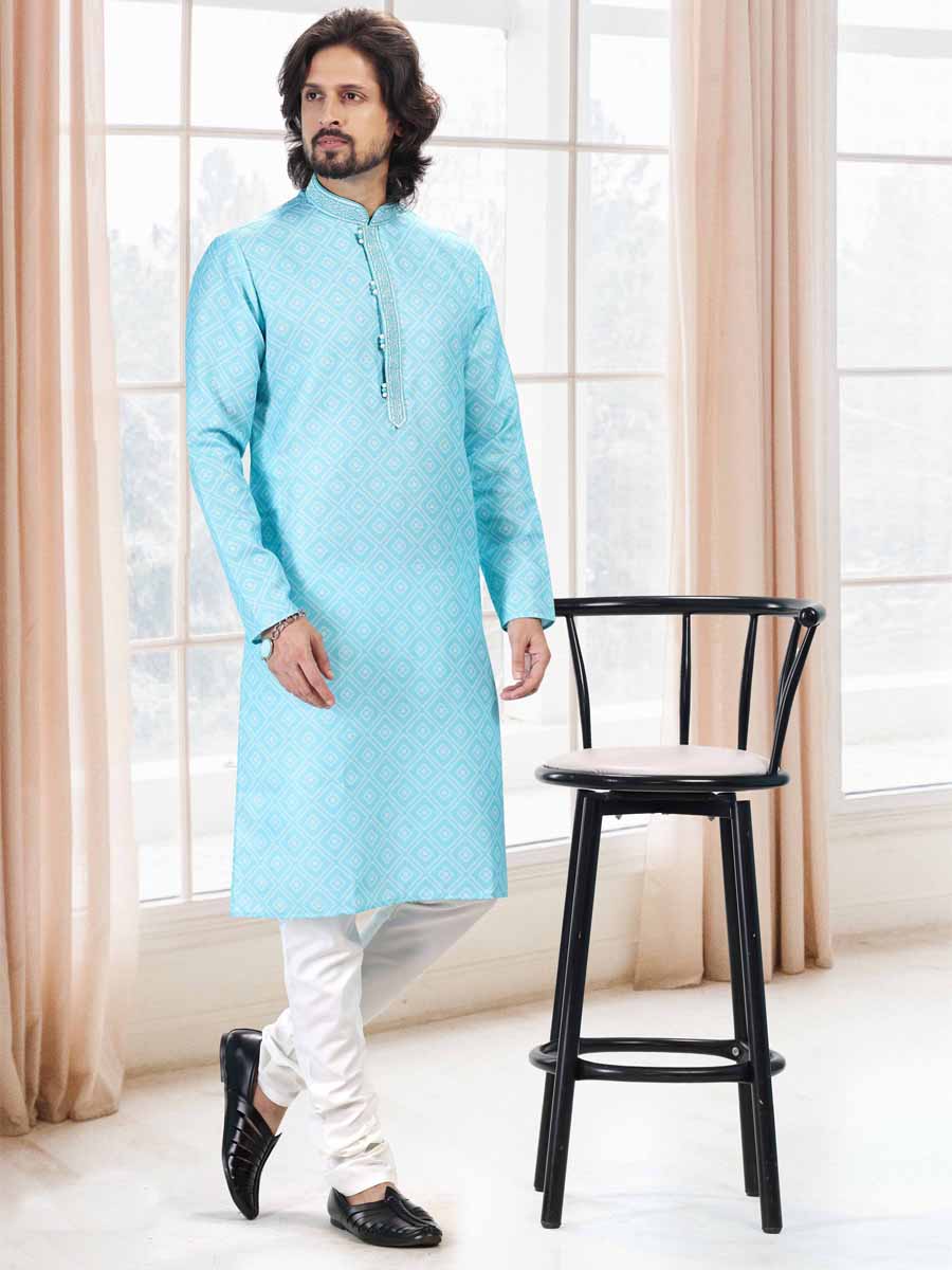 Teal Green Cotton Printed Festival Mehendi Kurta