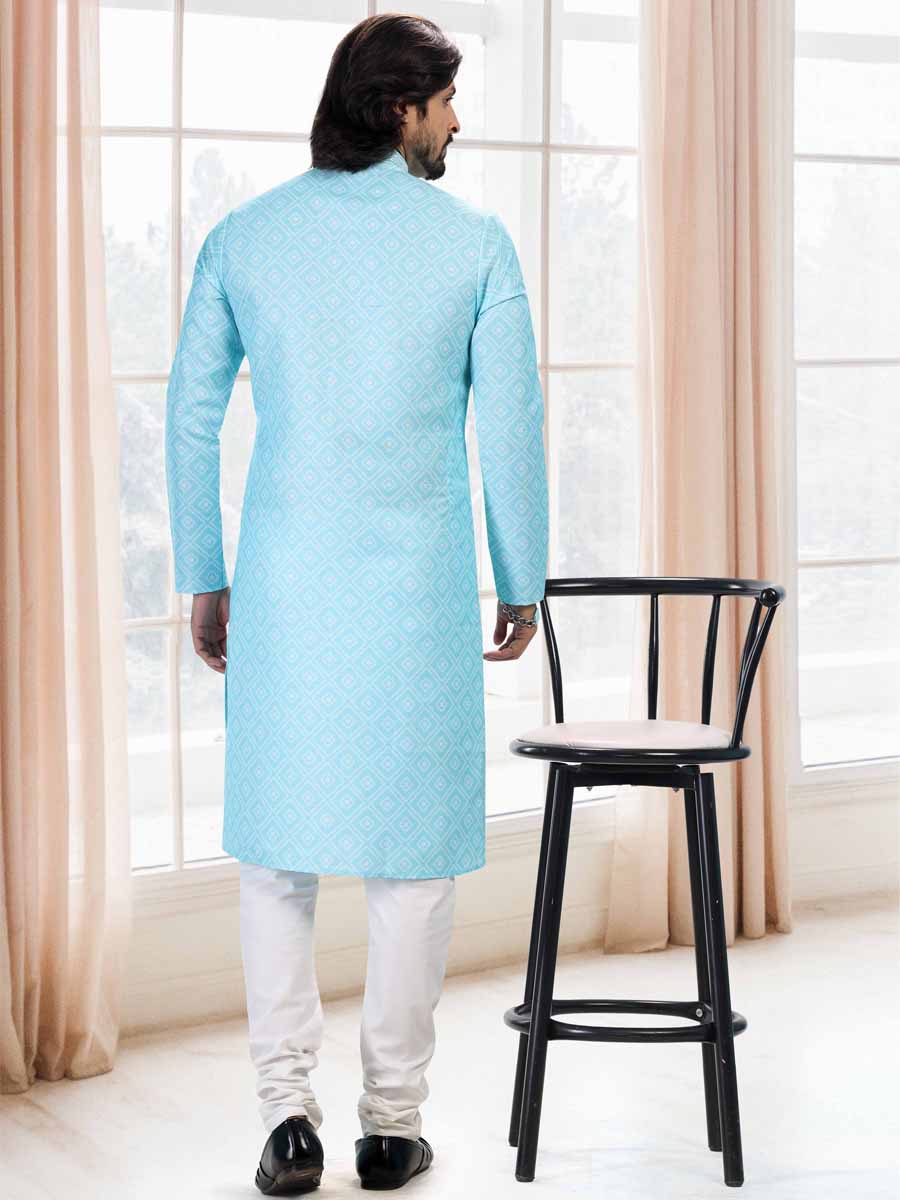 Teal Green Cotton Printed Festival Mehendi Kurta