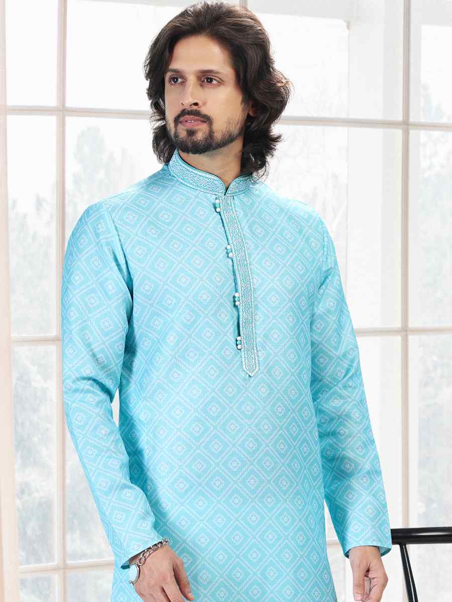 Teal Green Cotton Woven Festival Party Kurta