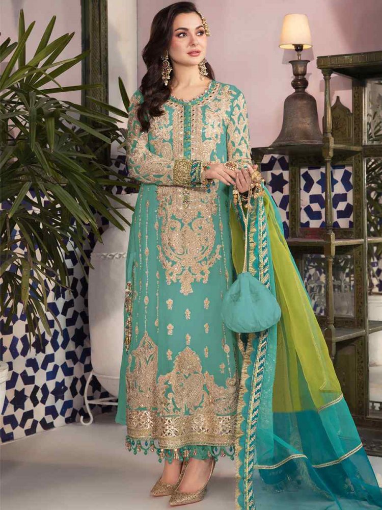 Teal Green Faux Georgette Embroidered Festival Wedding Pant Salwar Kameez