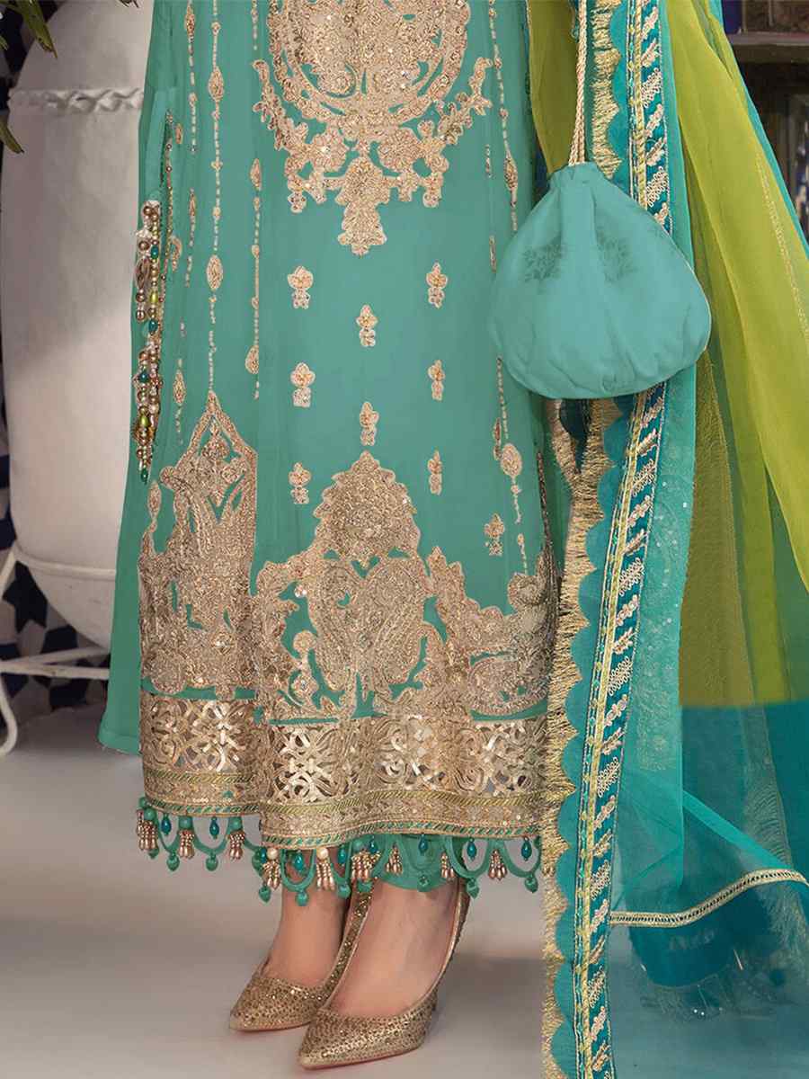 Teal Green Faux Georgette Embroidered Festival Wedding Pant Salwar Kameez