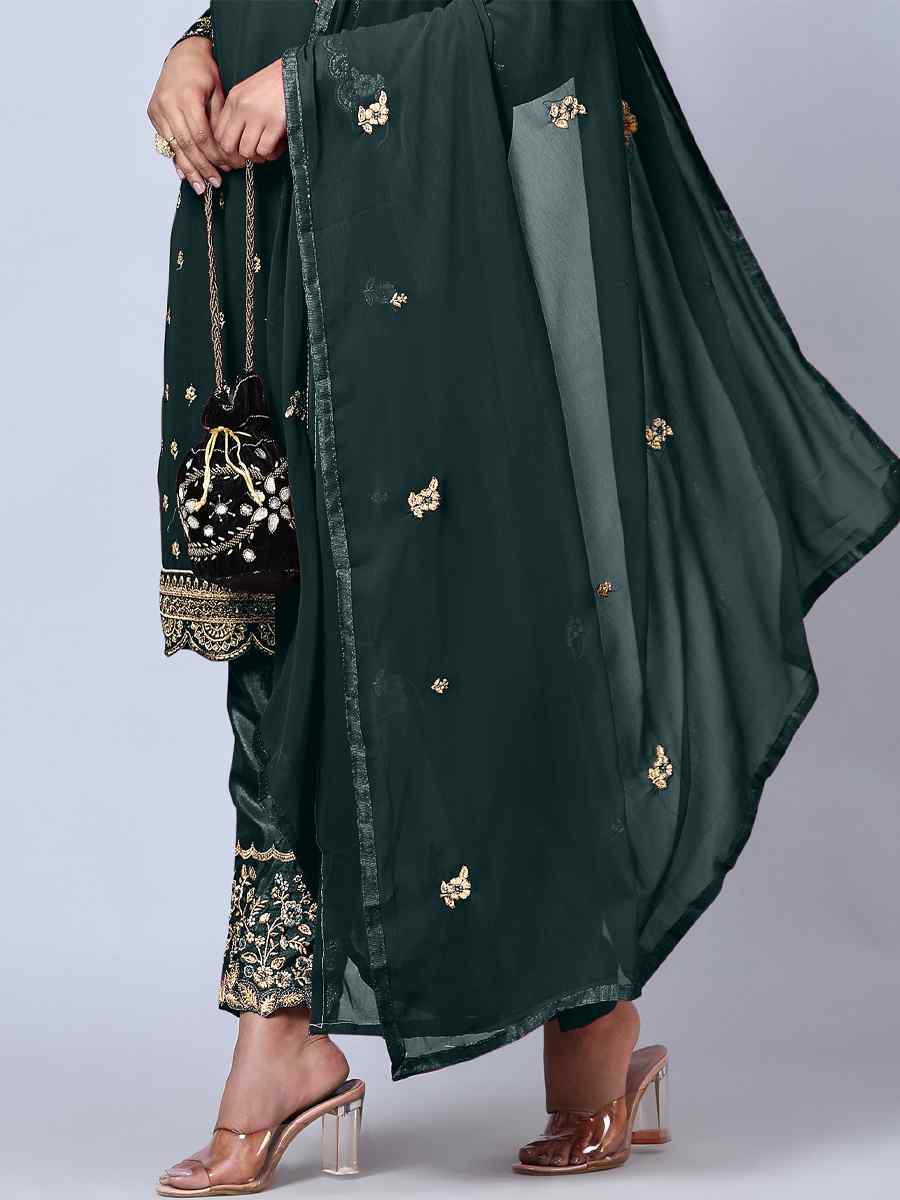 Teal Green Georgette Embroidered Festival Wedding Pant Salwar Kameez