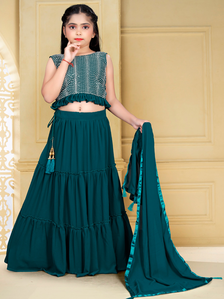 Teal Green Georgette Embroidered Party Kids Lehenga Choli