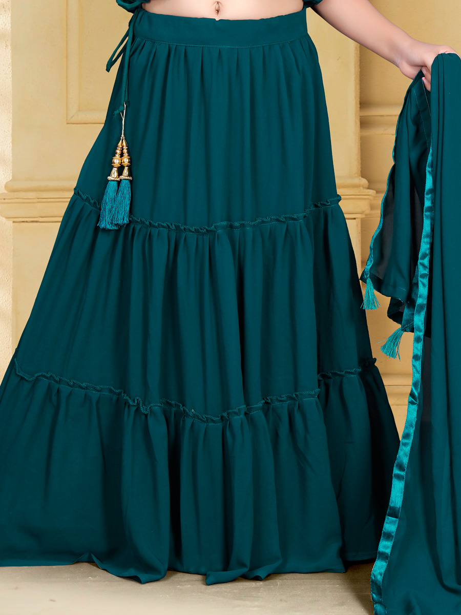 Teal Green Georgette Embroidered Party Kids Lehenga Choli