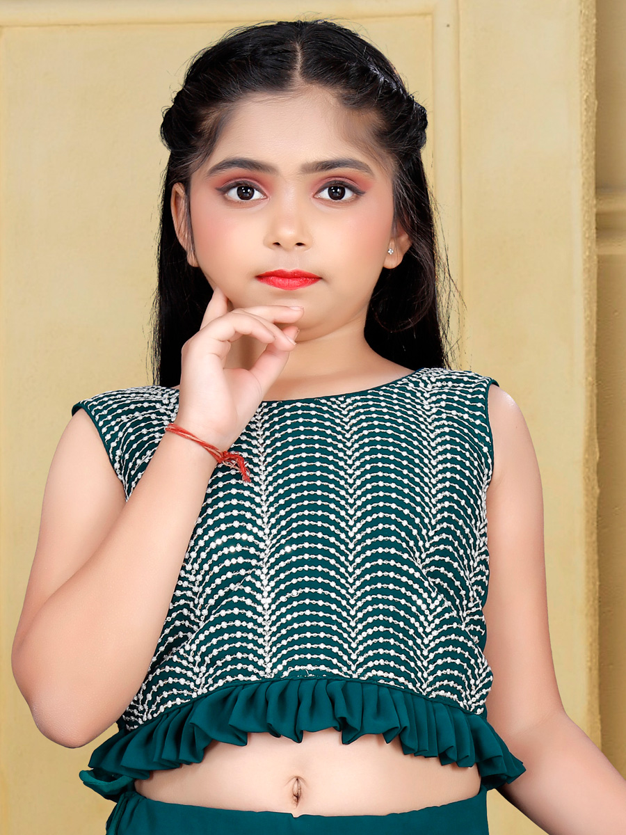 Teal Green Georgette Embroidered Party Kids Lehenga Choli