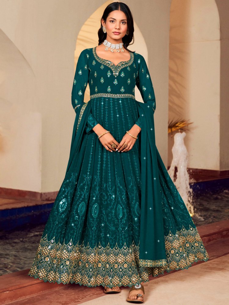 Teal Green Georgette Embroidered Wedding Festival Anarkali Salwar Kameez