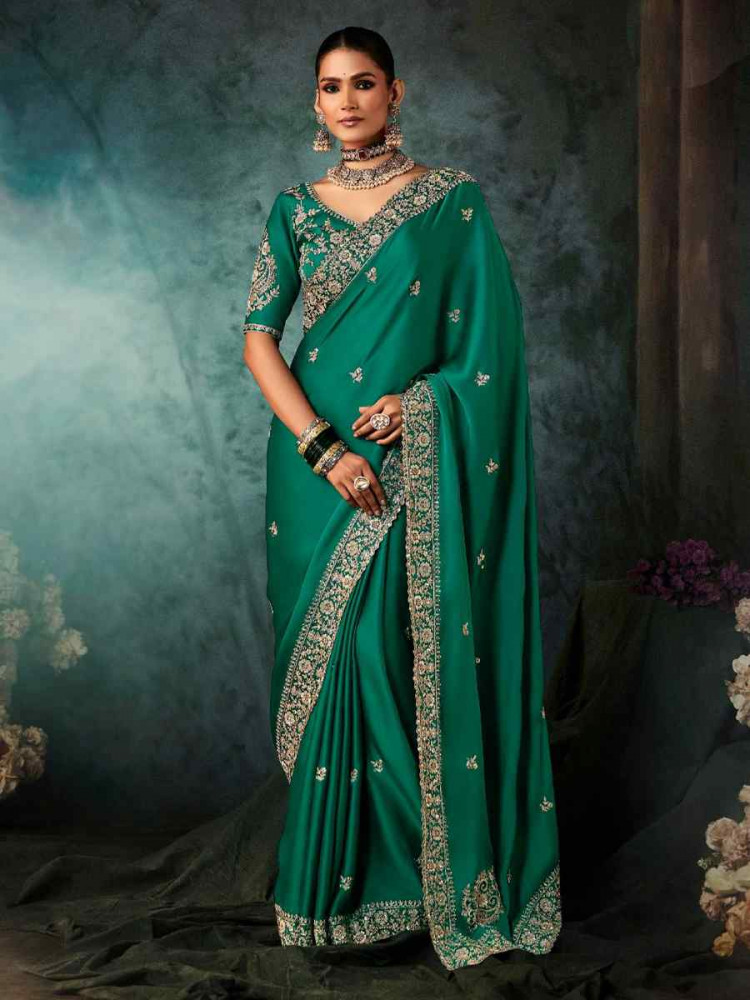 Image of Teal Green Georgette Embroidery Bridal Reception Festival Wedding Fancy Heavy Border Saree