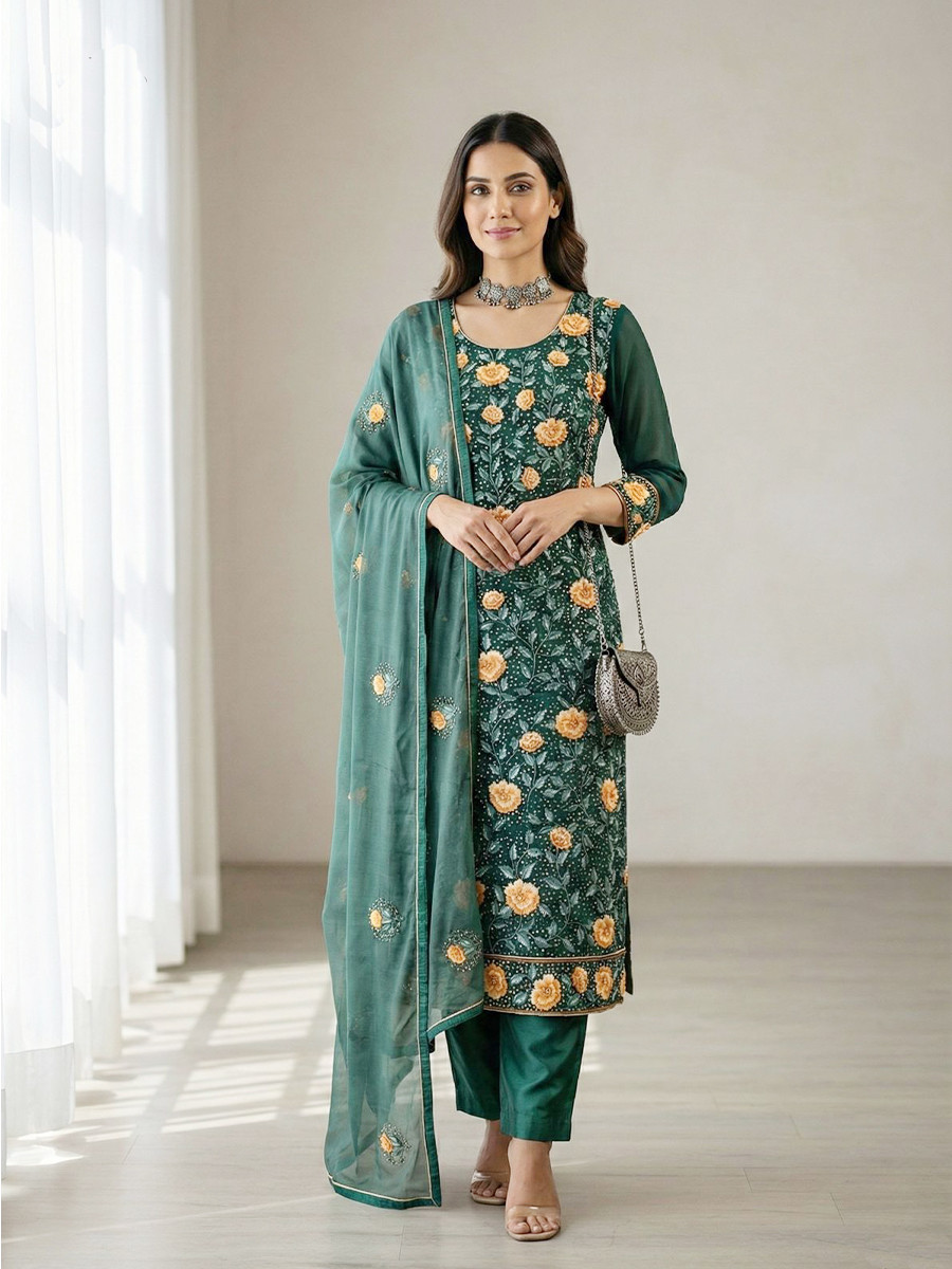 Teal Green Georgette Embroidery Sequins Wedding Party Festival Ready Pant Salwar Kameez