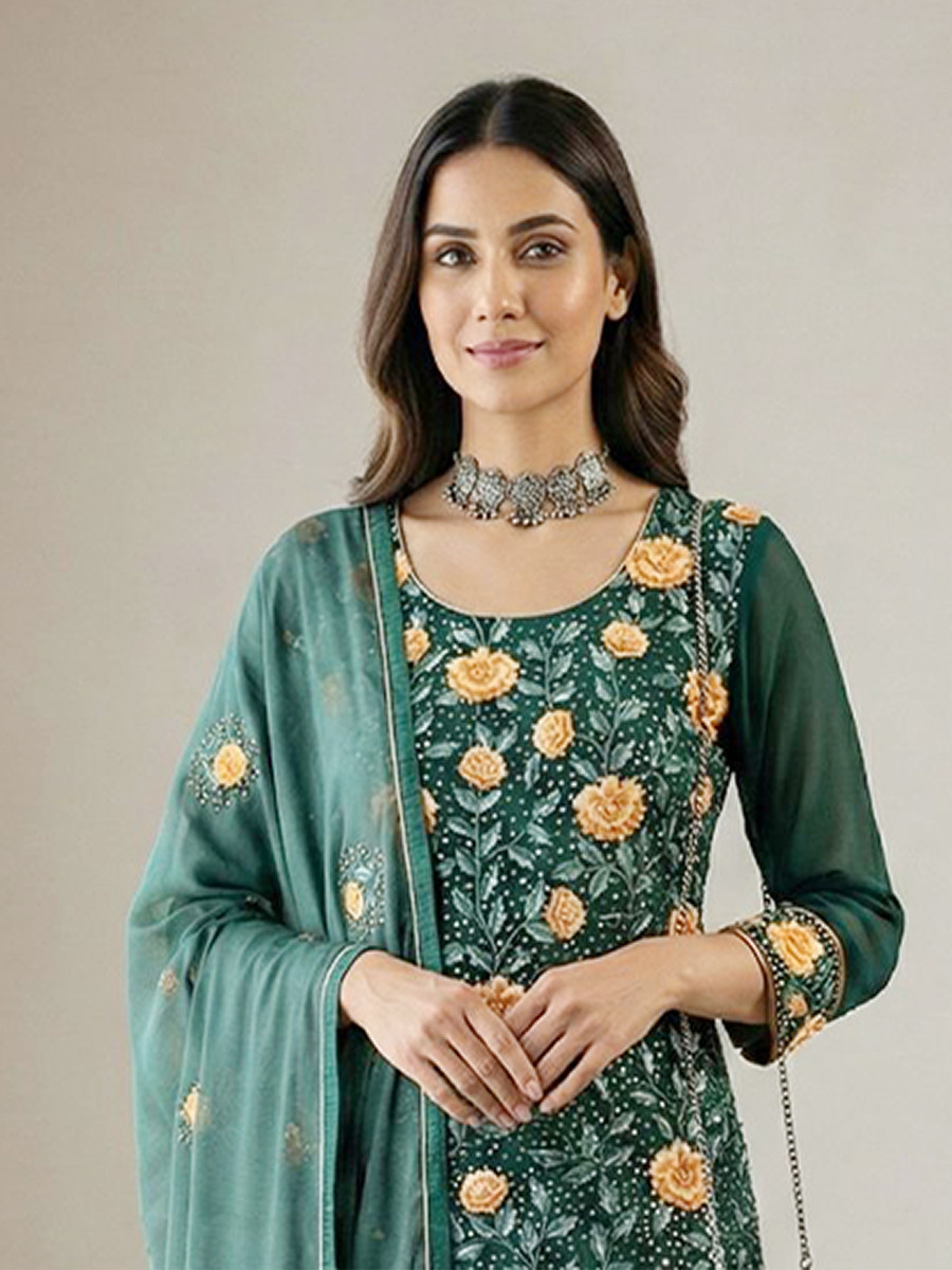 Teal Green Georgette Embroidery Sequins Wedding Party Festival Ready Pant Salwar Kameez