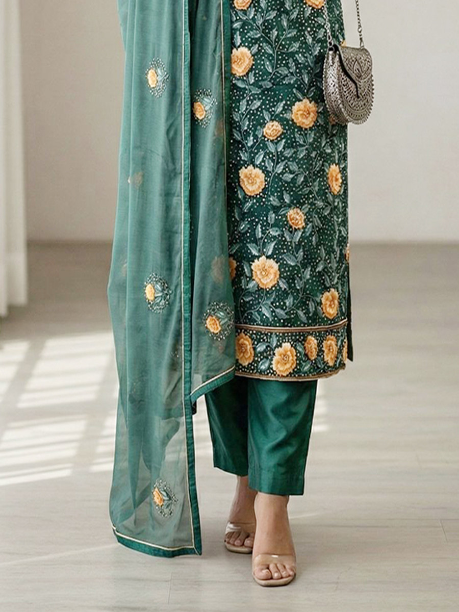 Teal Green Georgette Embroidery Sequins Wedding Party Festival Ready Pant Salwar Kameez