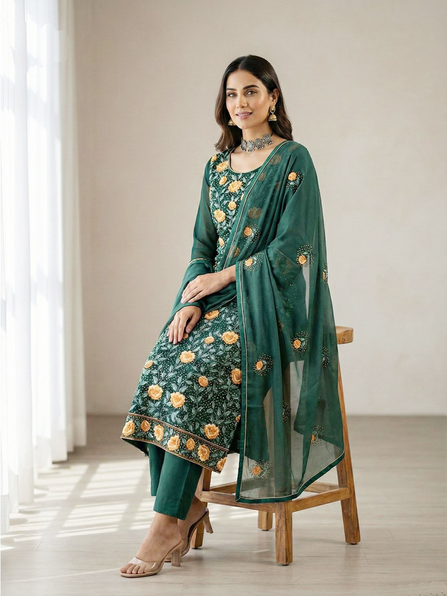 Teal Green Georgette Embroidery Sequins Wedding Party Festival Ready Pant Salwar Kameez