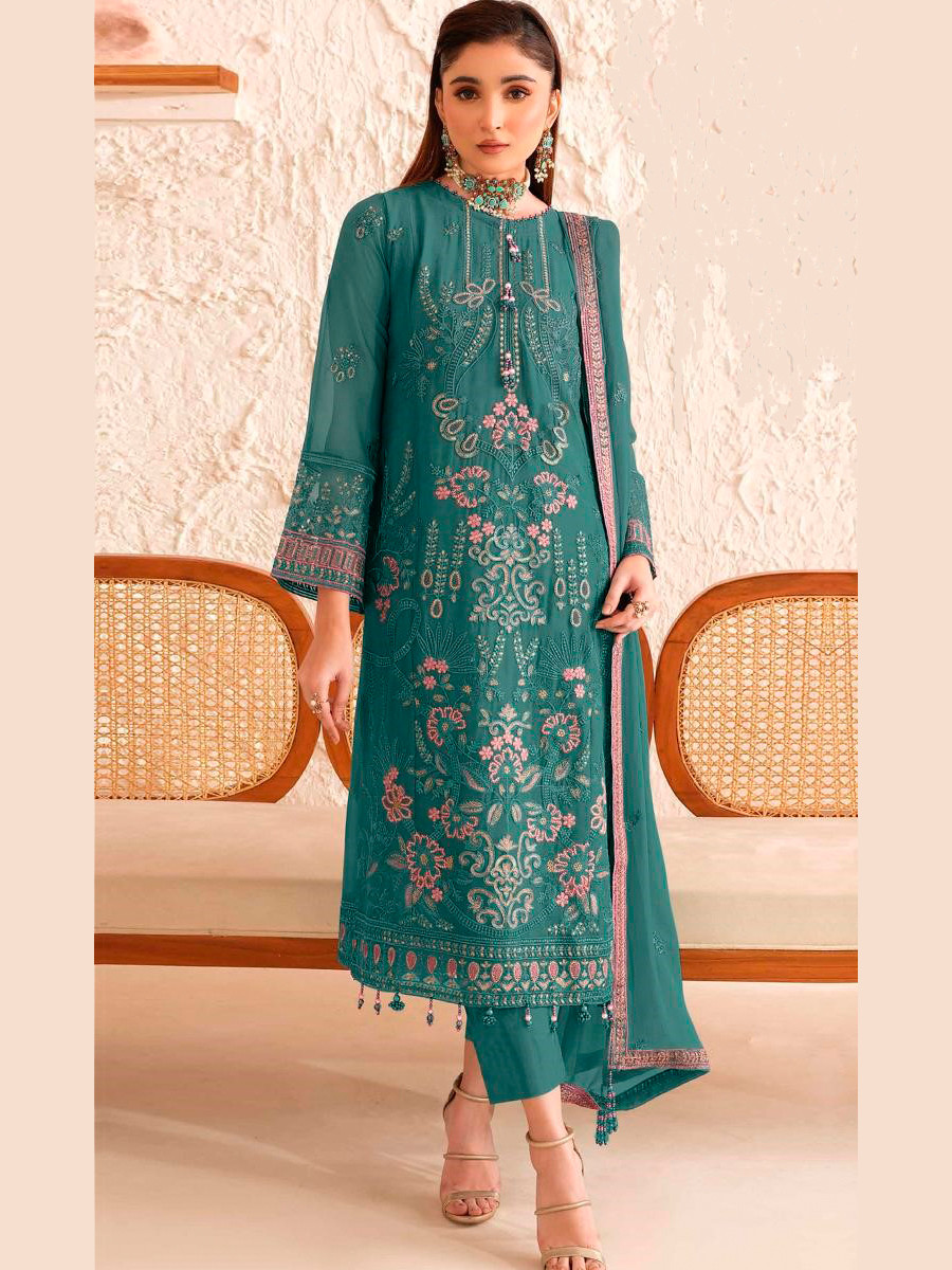 Teal Green Georgette Embroidery Zari Sequins Wedding Festival Party Casual Pant Salwar Kameez