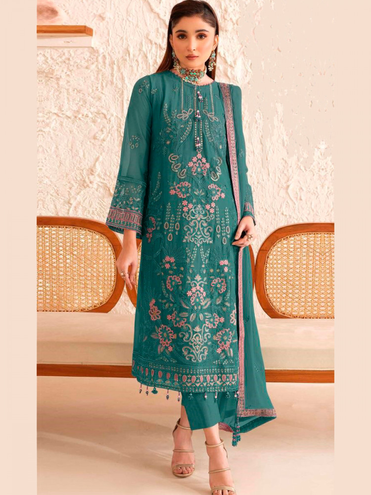 Image of Teal Green Georgette Embroidery Zari Sequins Wedding Festival Party Casual Pant Salwar Kameez