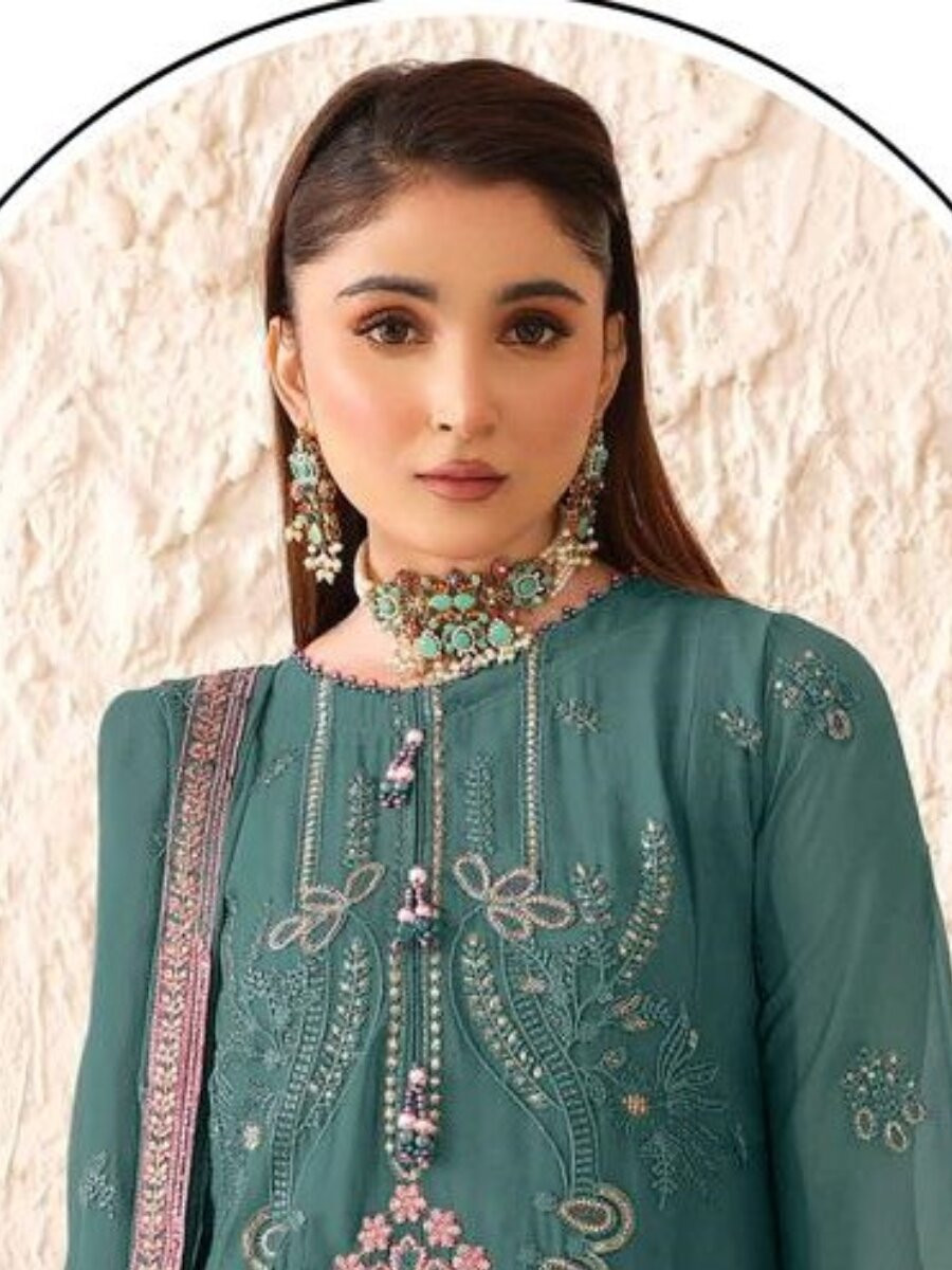 Teal Green Georgette Embroidery Zari Sequins Wedding Festival Party Casual Pant Salwar Kameez