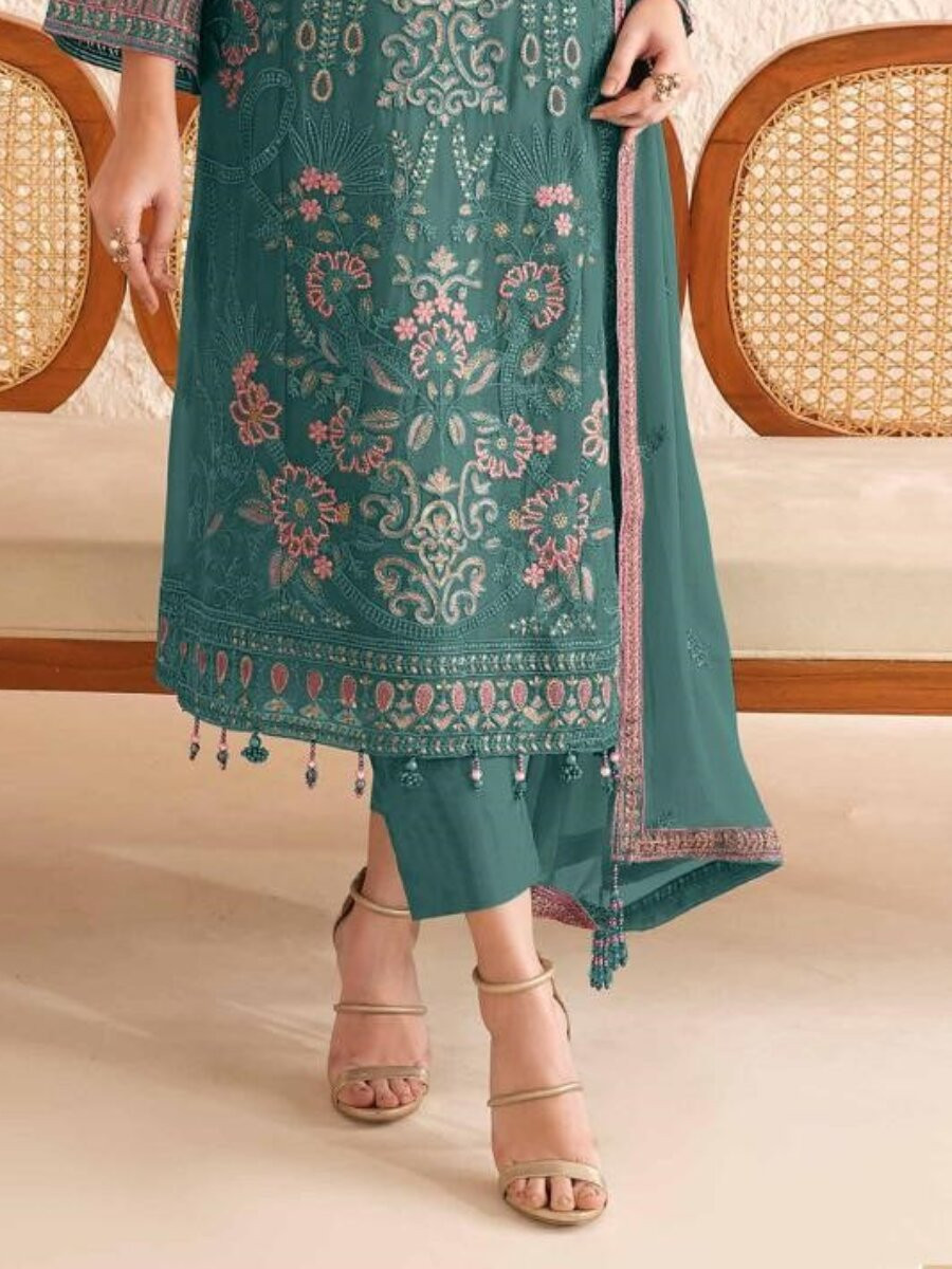 Teal Green Georgette Embroidery Zari Sequins Wedding Festival Party Casual Pant Salwar Kameez