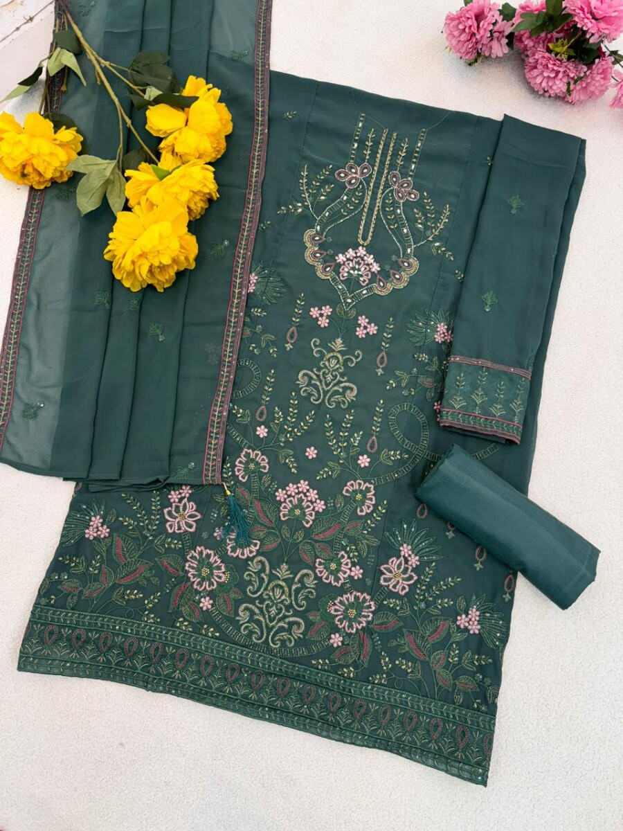 Teal Green Georgette Embroidery Zari Sequins Wedding Festival Party Casual Pant Salwar Kameez