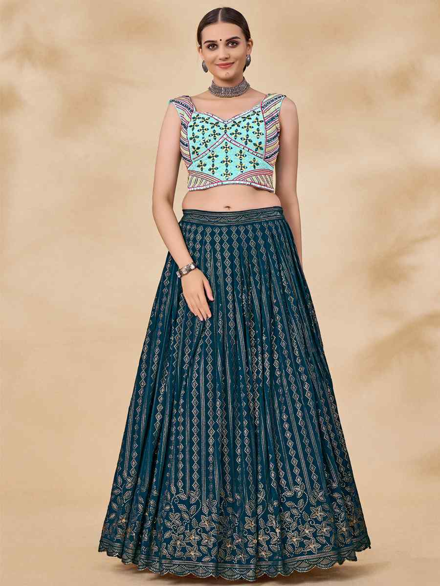 Teal Green Georgette Sequins Festival Circular Lehenga Choli