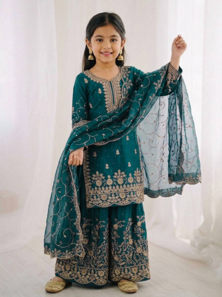 Image of Teal Green GMY Silk Embroidered Sequins Ethnic Casual Festival Party Wedding Ready Kurta Sharara Girls Wear