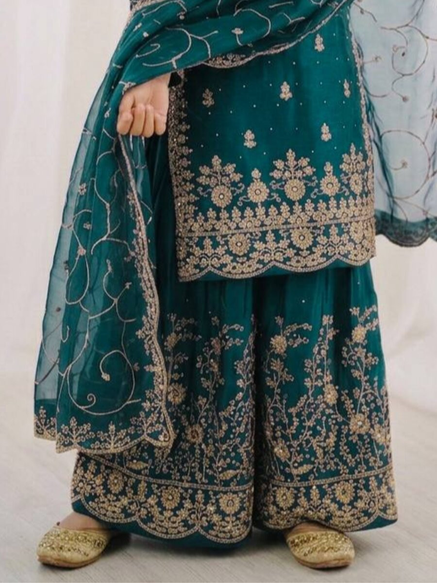 Teal Green GMY Silk Embroidered Sequins Ethnic Casual Festival Party Wedding Ready Kurta Sharara Girls Wear