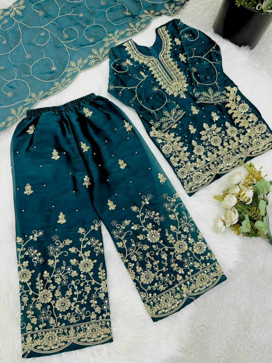 Teal Green GMY Silk Embroidered Sequins Ethnic Casual Festival Party Wedding Ready Kurta Sharara Girls Wear