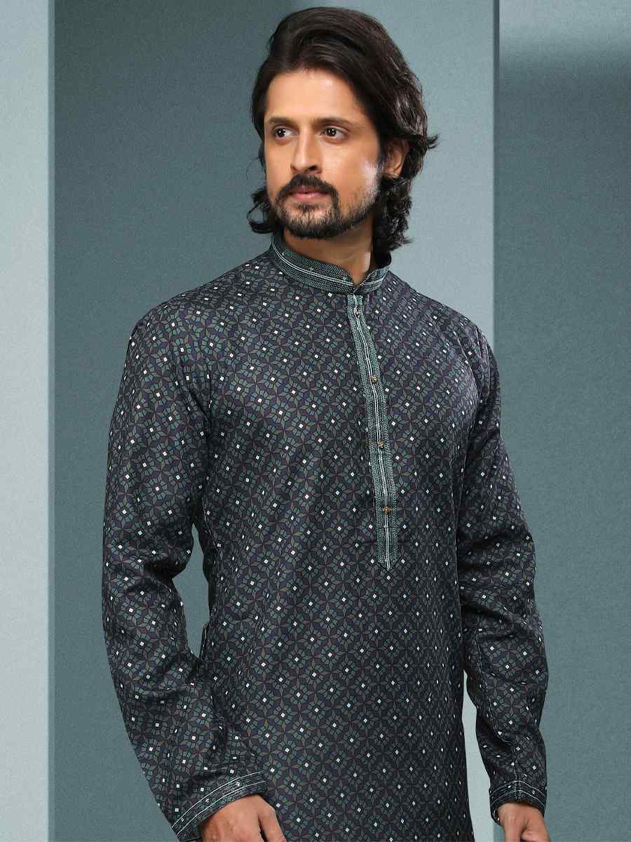 Teal Green Hand Loomed In Rich Yarns Of Cotton Printed Festival Kurta