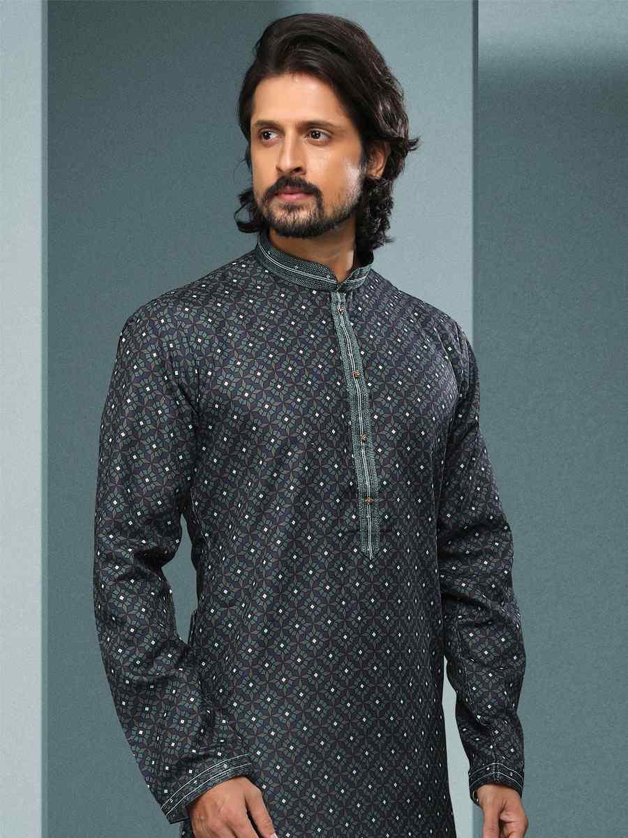 Teal Green Hand Loomed In Rich Yarns Of Cotton Printed Festival Kurta