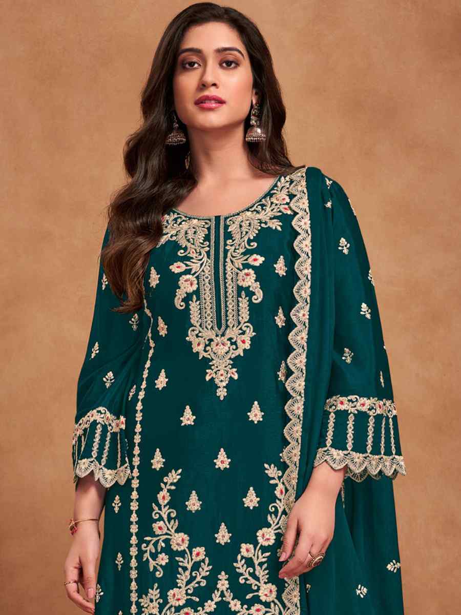 Teal Green Heavy Chinon Embroidered Festival Wedding Palazzo Pant Salwar Kameez