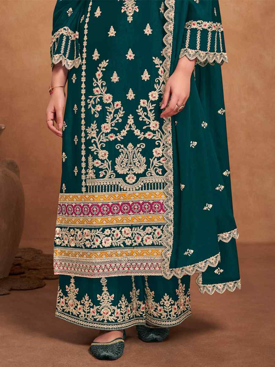 Teal Green Heavy Chinon Embroidered Festival Wedding Palazzo Pant Salwar Kameez