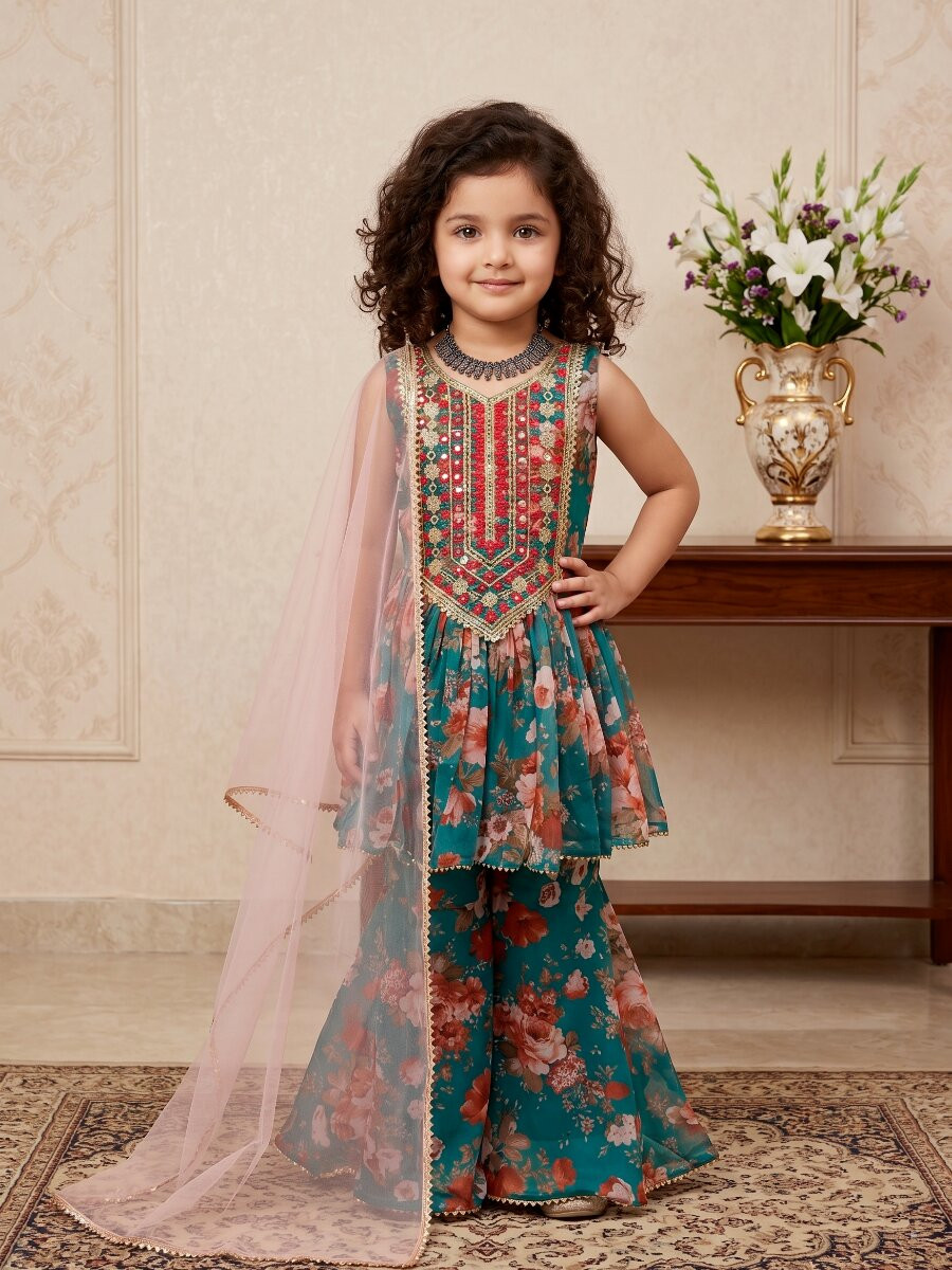 Teal Green Heavy fox georgette Embroidered Sequins Printed Ethnic Casual Festival Party Wedding Kurta Sharara Girls Wear