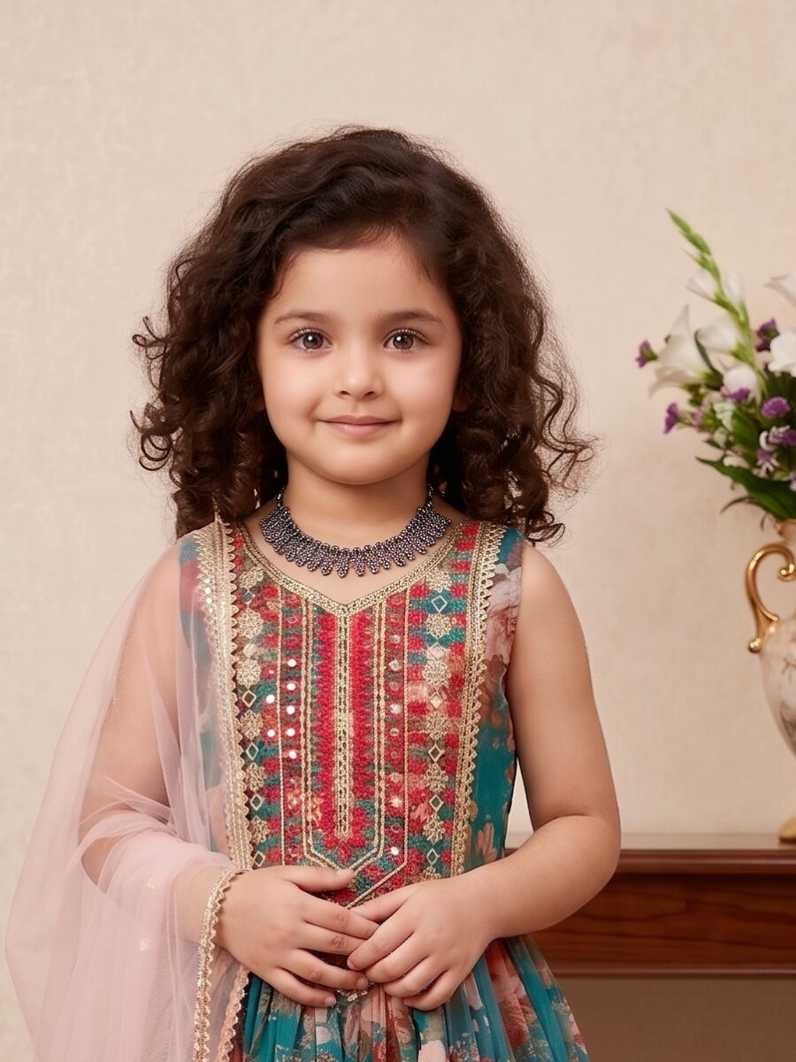 Teal Green Heavy fox georgette Embroidered Sequins Printed Ethnic Casual Festival Party Wedding Kurta Sharara Girls Wear