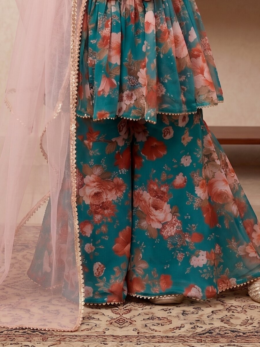 Teal Green Heavy fox georgette Embroidered Sequins Printed Ethnic Casual Festival Party Wedding Kurta Sharara Girls Wear