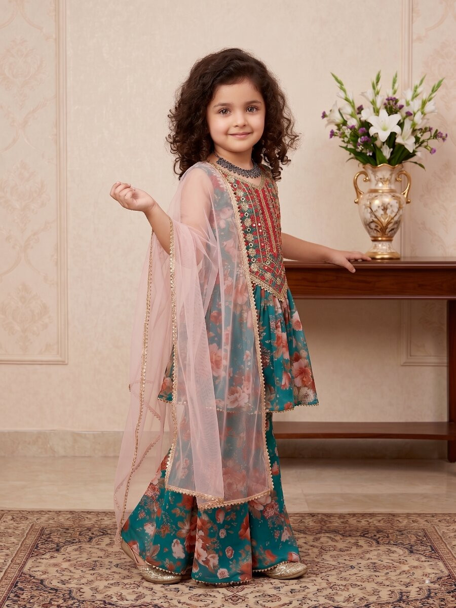 Teal Green Heavy fox georgette Embroidered Sequins Printed Ethnic Casual Festival Party Wedding Kurta Sharara Girls Wear