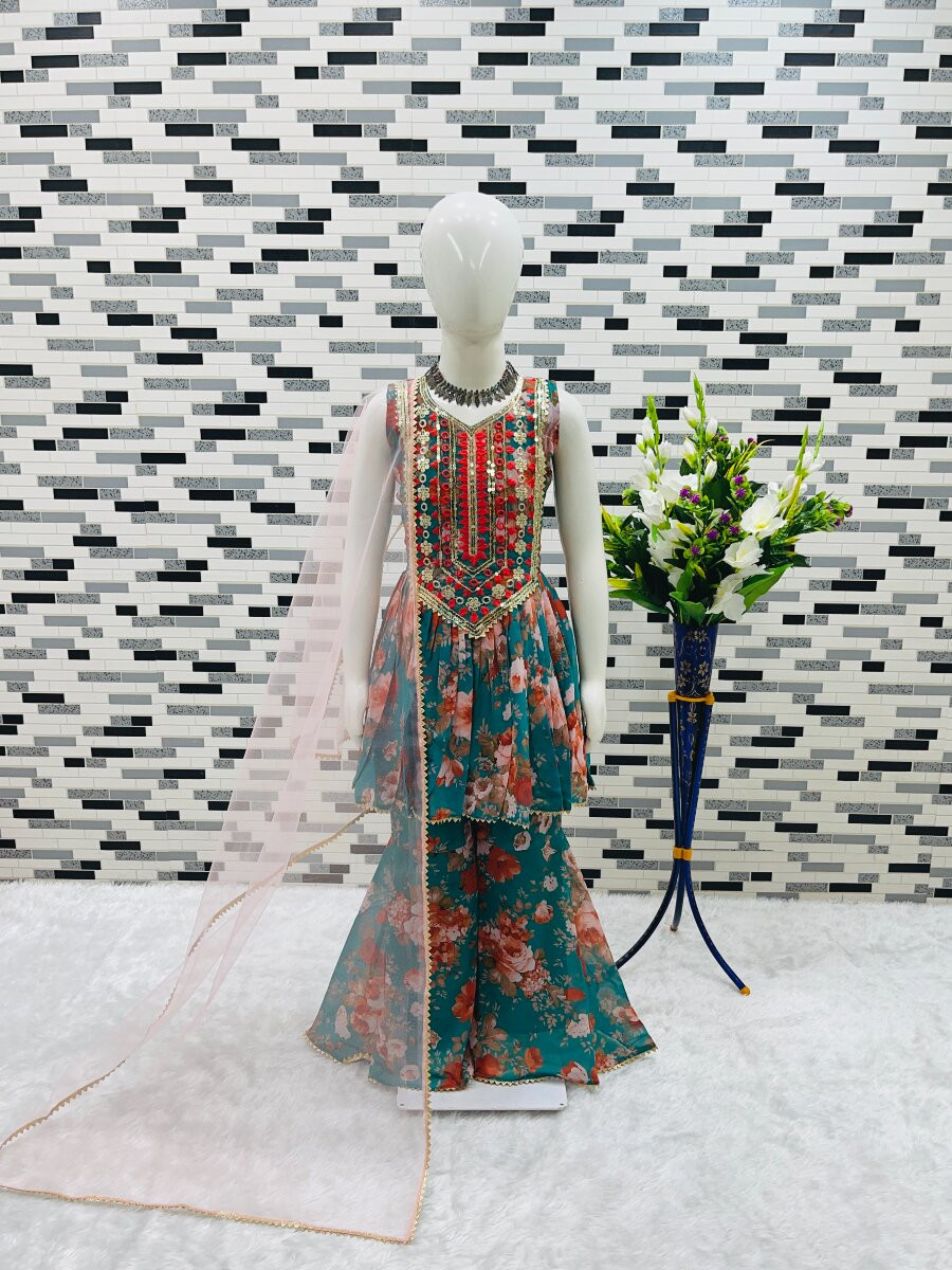 Teal Green Heavy fox georgette Embroidered Sequins Printed Ethnic Casual Festival Party Wedding Kurta Sharara Girls Wear
