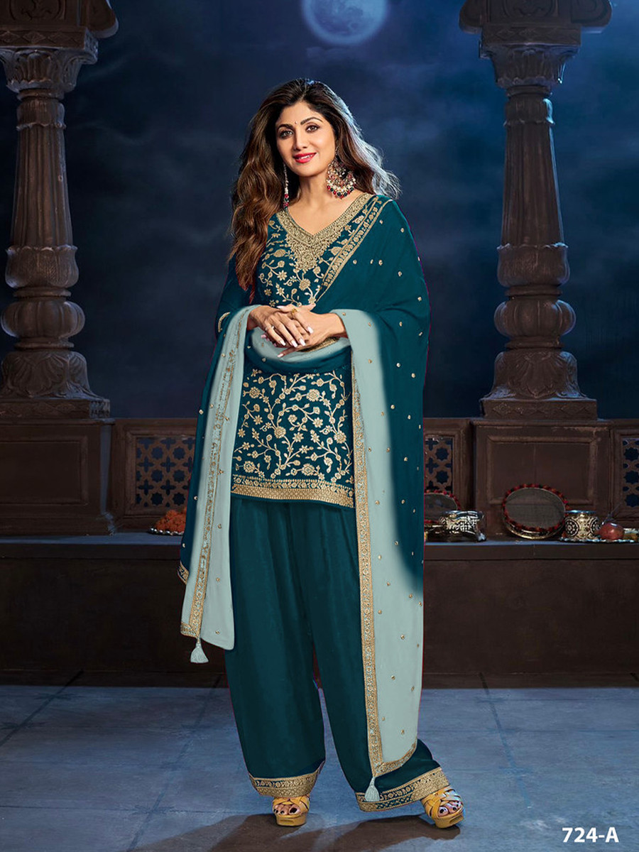 Teal Green Heavy Pure Viscose Dola Silk Embroidery Zari Wedding Party Festival Palazzo Pant Bollywood Style Salwar Kameez
