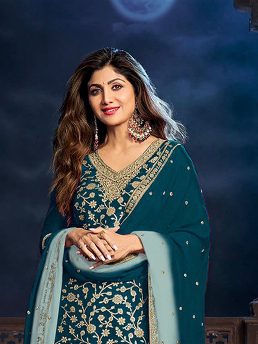 Teal Green Heavy Pure Viscose Dola Silk Embroidery Zari Wedding Party Festival Palazzo Pant Bollywood Style Salwar Kameez