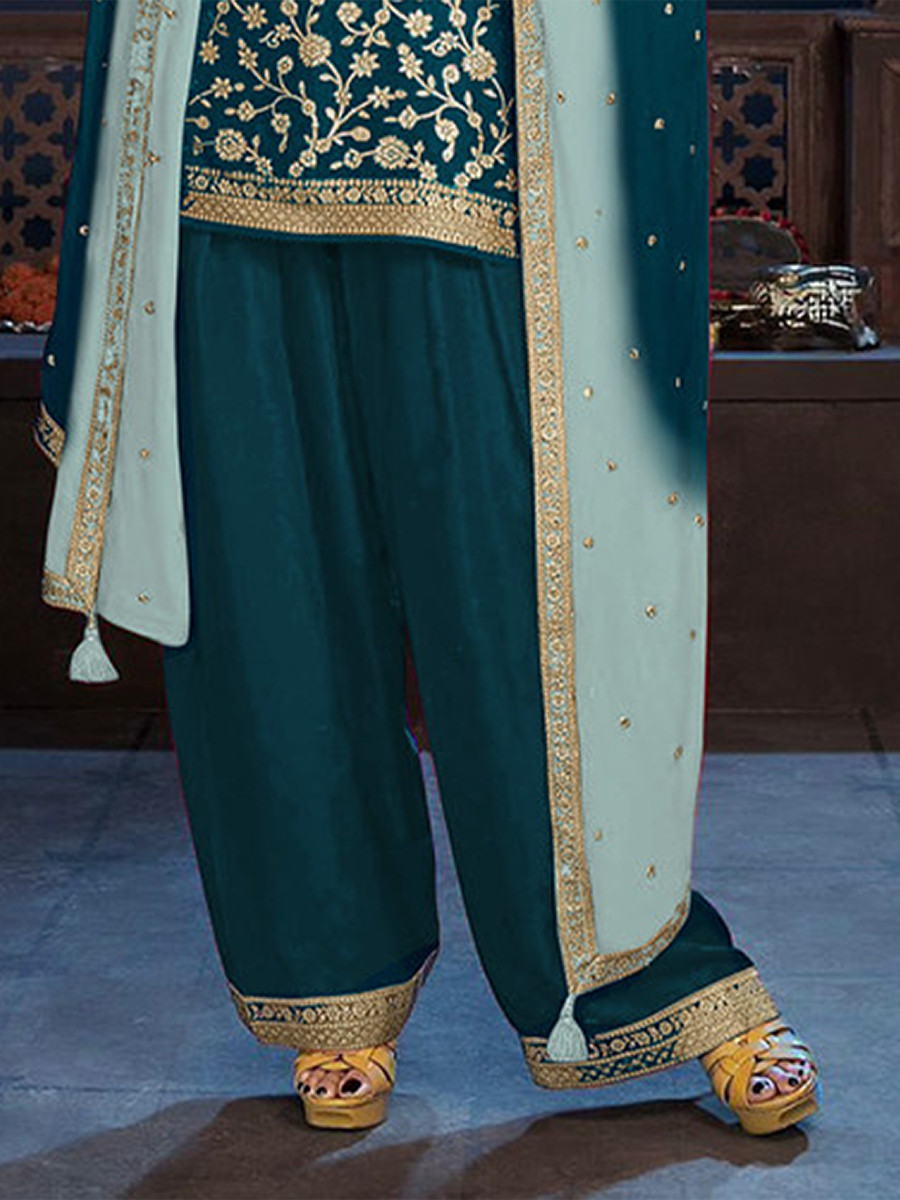 Teal Green Heavy Pure Viscose Dola Silk Embroidery Zari Wedding Party Festival Palazzo Pant Bollywood Style Salwar Kameez