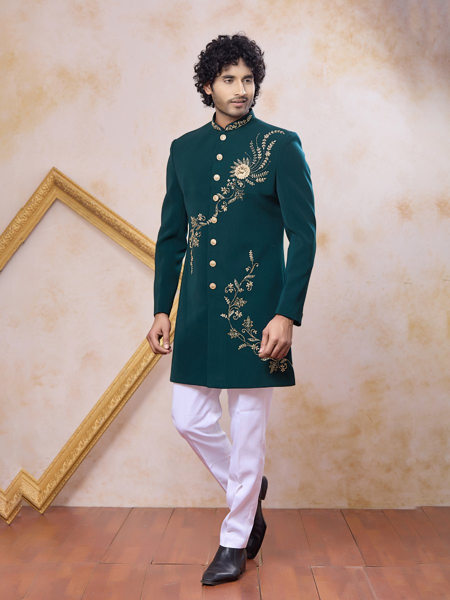 Teal Green Imported Lachka Fabric Embroidery Zardosi Wedding Party Festival Casual Groom Sherwani