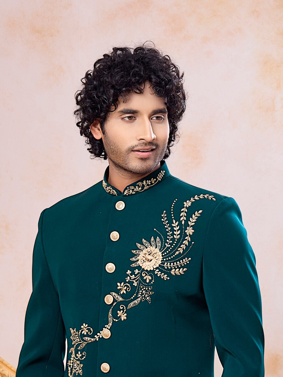 Teal Green Imported Lachka Fabric Embroidery Zardosi Wedding Party Festival Casual Groom Sherwani
