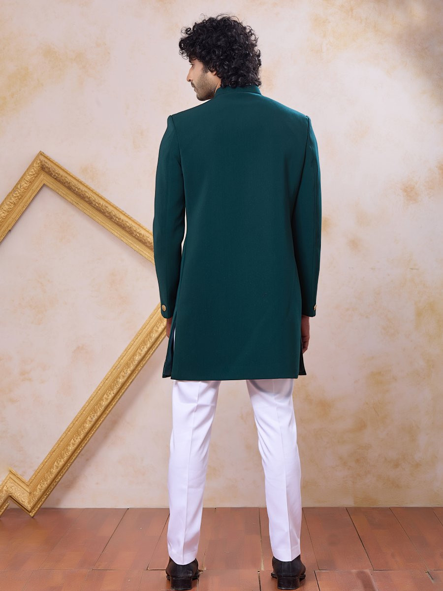 Teal Green Imported Lachka Fabric Embroidery Zardosi Wedding Party Festival Casual Groom Sherwani