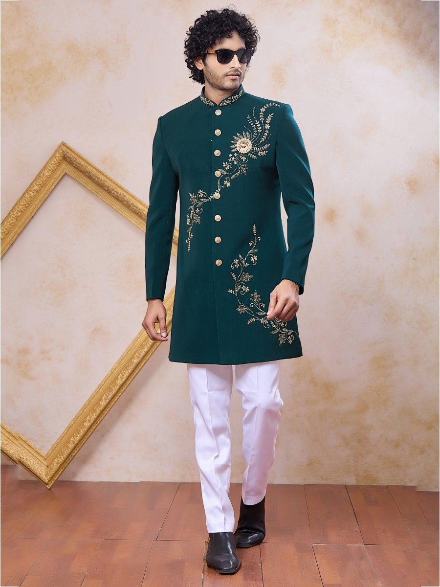 Teal Green Imported Lachka Fabric Embroidery Zardosi Wedding Party Festival Casual Groom Sherwani