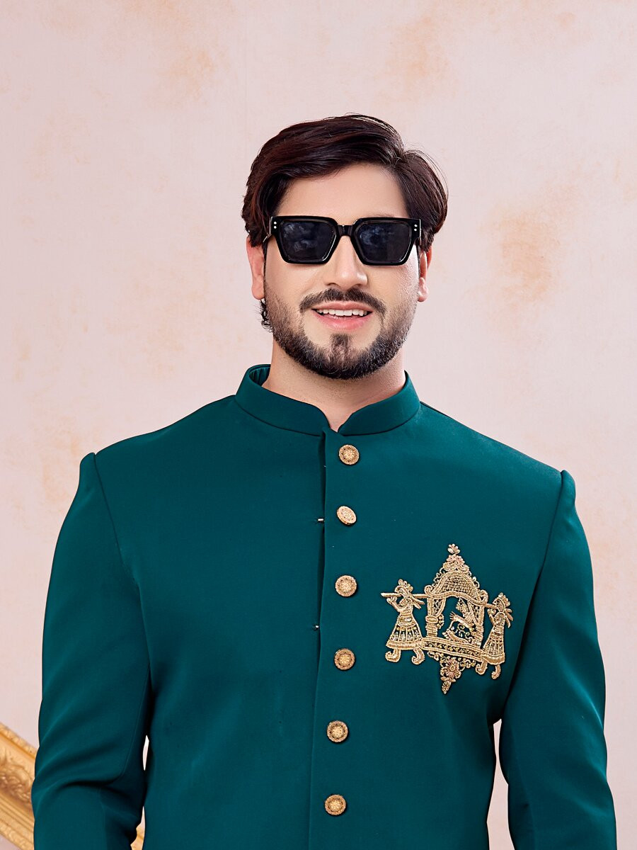 Teal Green Imported Lachka Fabric Embroidery Zardosi Wedding Party Festival Casual Groom Sherwani
