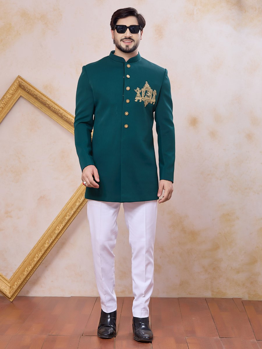 Teal Green Imported Lachka Fabric Embroidery Zardosi Wedding Party Festival Casual Groom Sherwani