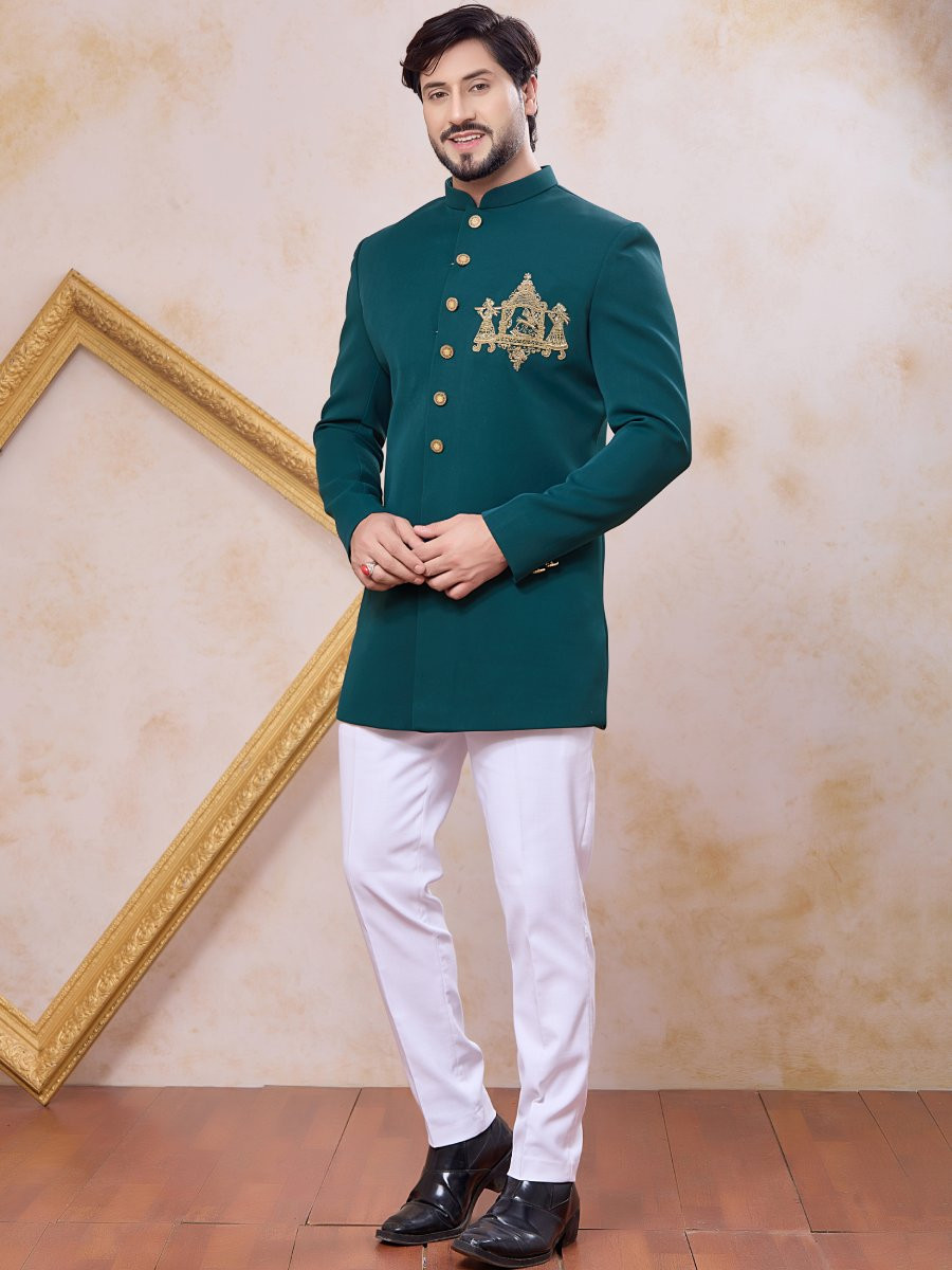 Teal Green Imported Lachka Fabric Embroidery Zardosi Wedding Party Festival Casual Groom Sherwani