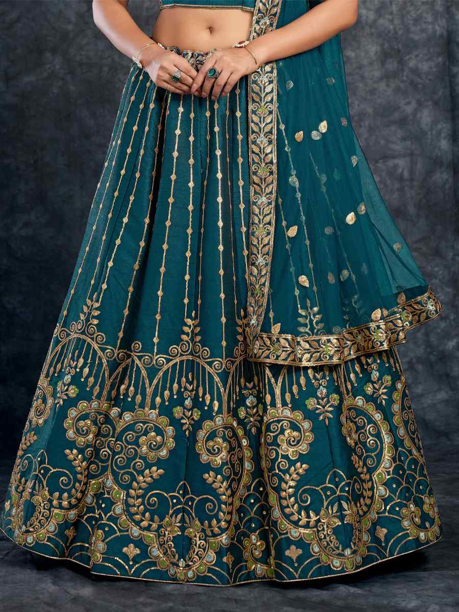 Teal Green Italian Silk Embroidered Wedding Festival Heavy Border Lehenga Choli