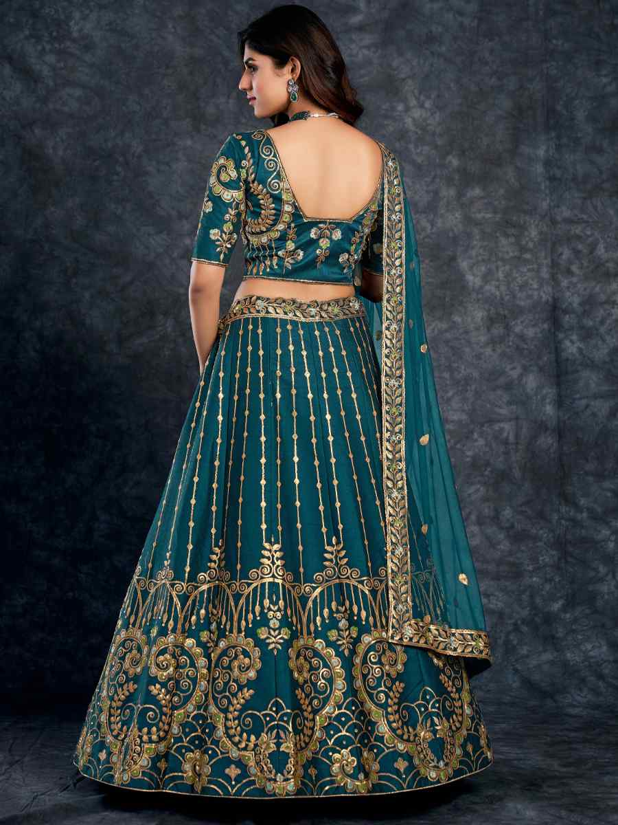 Teal Green Italian Silk Embroidered Wedding Festival Heavy Border Lehenga Choli