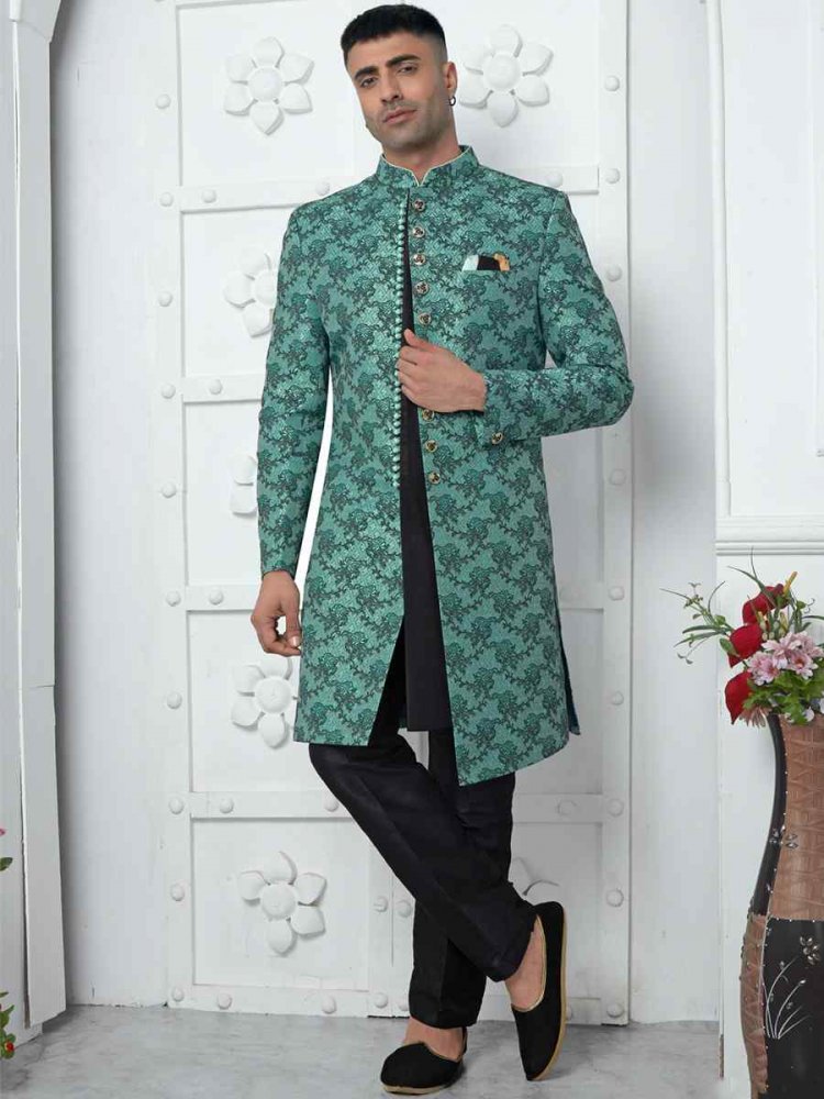 Teal Green Jacquard Silk Embroidered Groom Wedding Sherwani